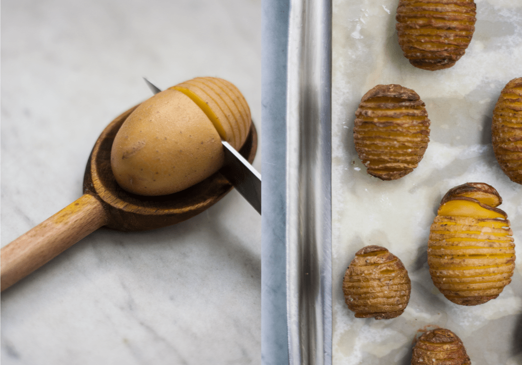 Slicing Potatoes on a Wooden Spoon | Roasted Hasselback Potatoes