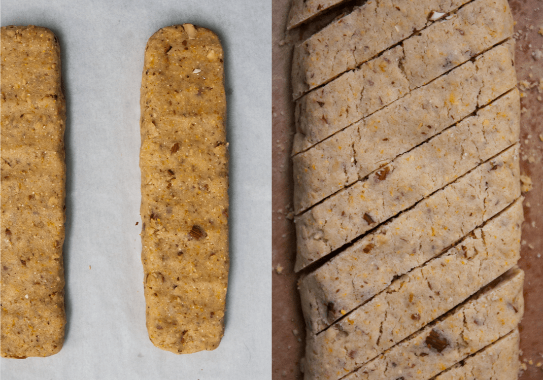 Biscotti Logs on Baking Sheet | Baked and Cut Biscotti