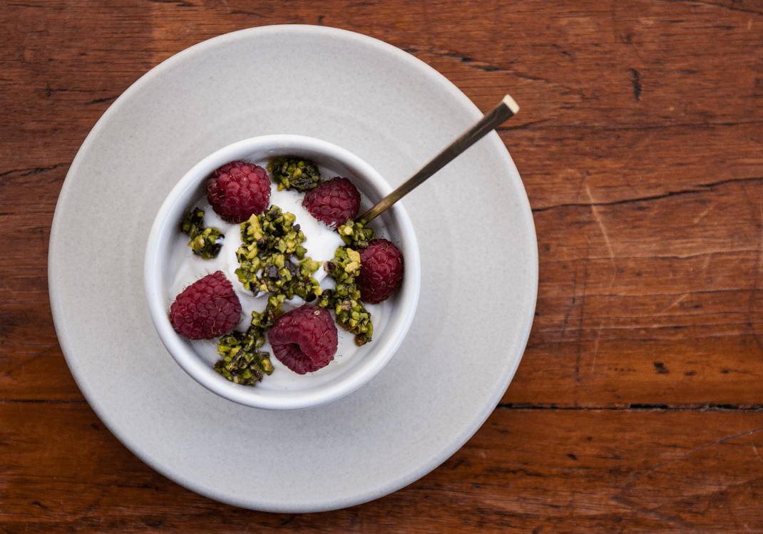 Yogurt with Pistachios, Honey, and Raspberries