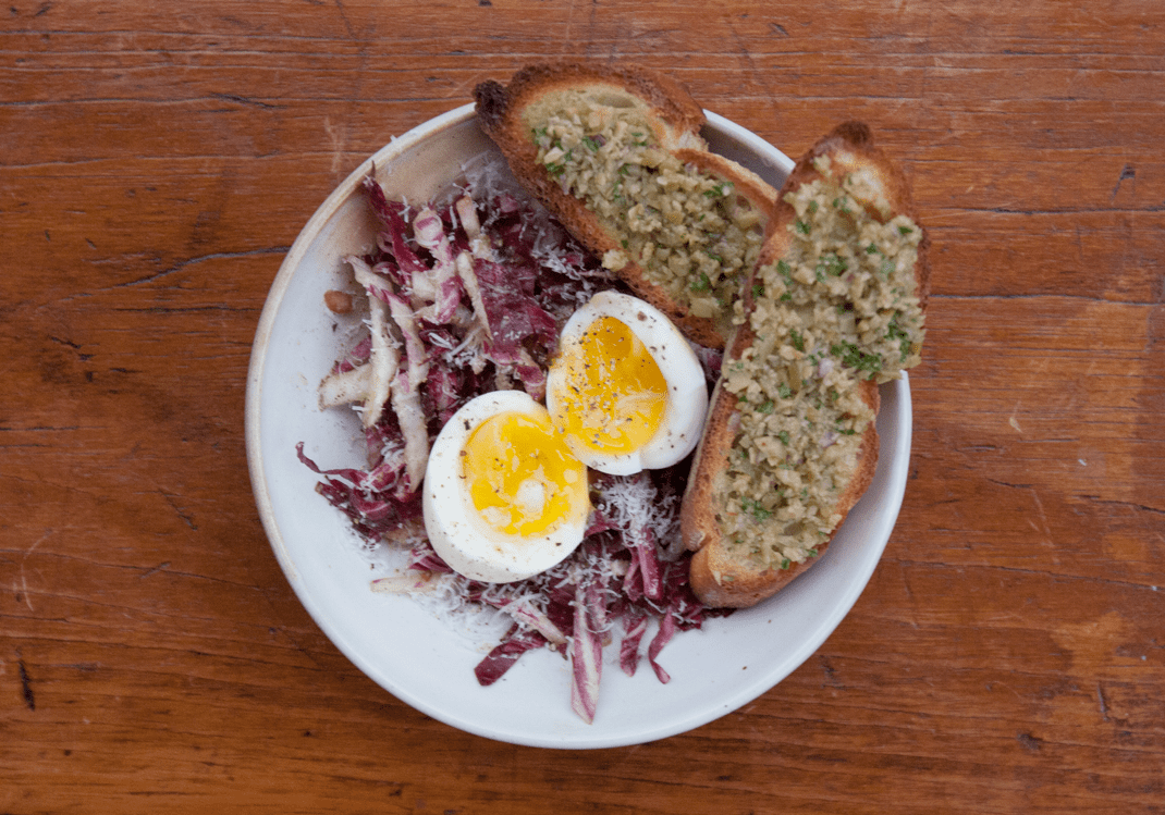 Radicchio Salad with Soft Boiled Egg and Tapenade Toast